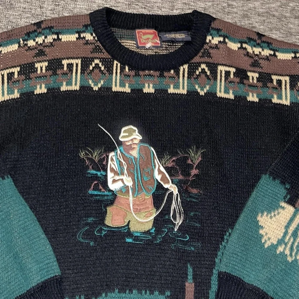 Vintage Duxbak Sweater Mens XL Black Green Fisherman Graphic Knit Outdoors